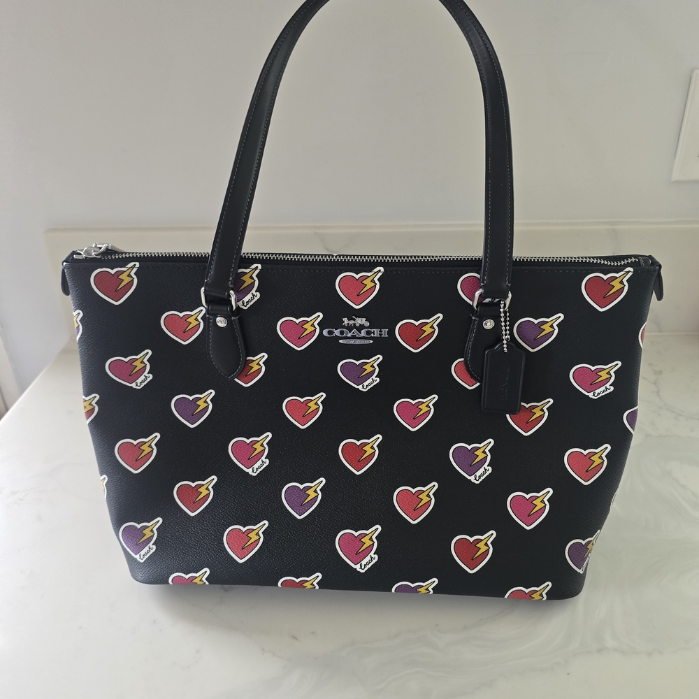 Coach Black Tote with Multicolor Heart Pattern
